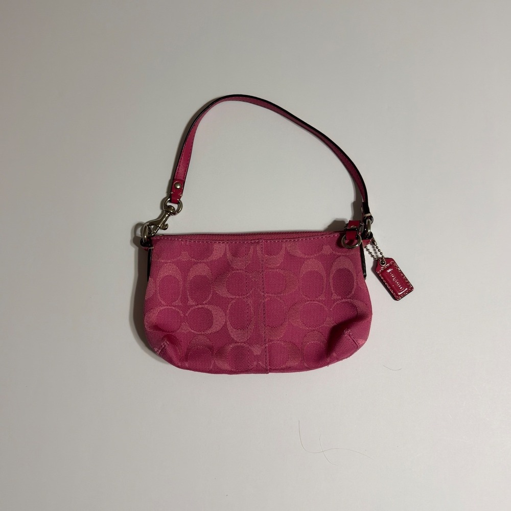 Coach Pink Signature Monogram Canvas Mini Baguette Wristlet Bag